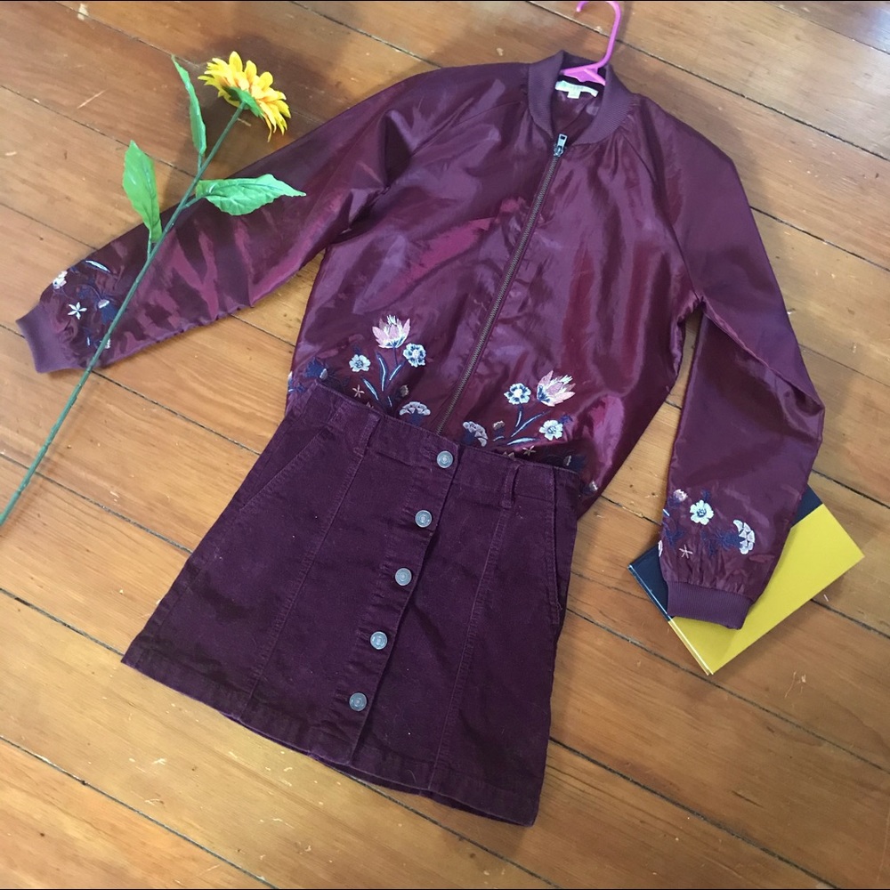 Embroidered Burgundy Bomber Jacket